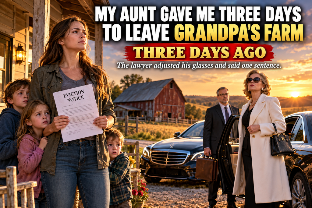 My Aunt Gave Me Three Days To Leave My Grandpa's Farm With My Three Kids, Grandpa Raised Me After My Parents Died And I Kept That Farm Alive, At The Will Reading She Slid An Eviction Notice Across The Desk, Then The Lawyer Adjusted His Glasses And Said Your Father Did Not Own The Farm Anymore