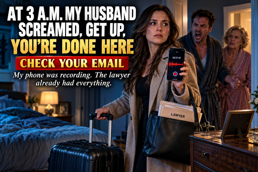 At 3 A.M. My Husband Slammed Open Our Bedroom Door Yelling Get Up You Are Done Living Here, His Mother Stood Behind Him Smiling, My Suitcase Was Already Packed And Our Wedding Photo Was Turned Face Down, But While They Planned My Humiliation I Had Been Planning My Safety And I Said Check Your Email