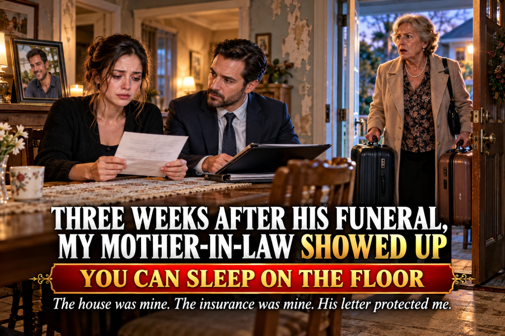 Three Weeks After My Husband's Funeral I Bought A Small House With His Life Insurance, And At Midnight My Mother-In-Law Pounded On The Door With Two Suitcases Declaring I Could Sleep On The Floor, Until She Saw The Lawyer At My Dining Table Holding A Folder And My Husband's Final Letter Protected Me Completely