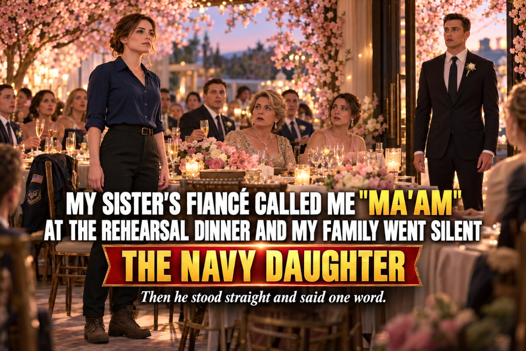 The Moment My Sister's Fiance Called Me Ma'am, My Entire Family Went Silent, My Mother Had Seated Me At The Far End Of The Rehearsal Dinner Like Someone She Wanted To Hide, Still In My Work Clothes, And To Them I Was The Awkward Daughter With A Little Navy Career, Until Ethan Walked In, Stopped Cold, Stood Straight, And Said One Word