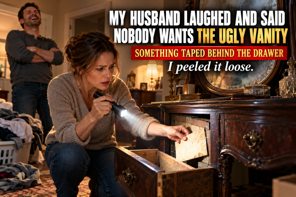 My Husband Fought Me For Everything In The Divorce Including The House The Cars And The Camper But Ignored His Grandmother's Old Vanity With The Cloudy Mirror Because Nobody Wanted It, And After It Collected Laundry In My Spare Room For A Year The Middle Drawer Jammed When I Tried To Sell It And Behind It I Felt Something Taped Flat To The Back