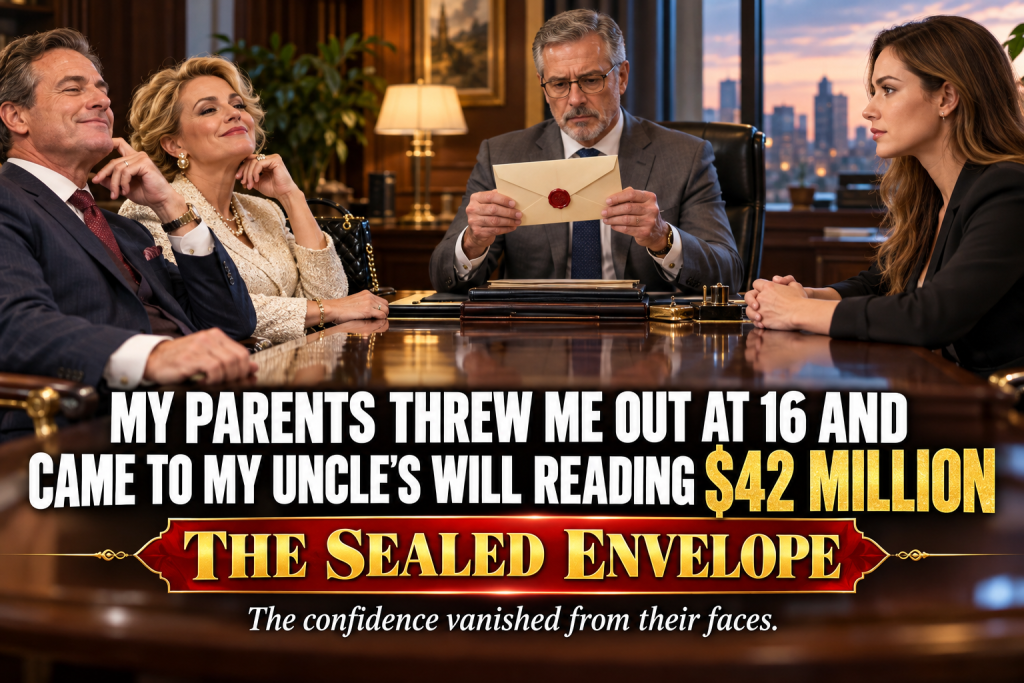 My Parents Threw Me Out When I Was Sixteen And Never Called For Eighteen Years, But The Day My Uncle's Will Was Read They Walked Into The Attorney's Office Acting Like They Owned Every Dollar Of His Forty-Two Million Dollar Fortune, And When My Mother Laughed That We Were Family The Attorney Opened A Sealed Envelope And Looked Straight At Them