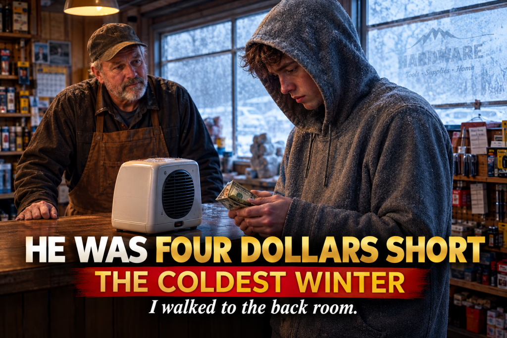 It Was A Bitter Tuesday In January When A Young Man In A Thin Hoodie Walked Into Our Hardware Store, Picked The Smallest, Cheapest Ceramic Heater, And Counted Crumpled Dollars Onto My Counter Four Dollars Short — I Looked At His Shaking Hands, Walked To The Back Room, And What I Did Next Changed Both Of Our Lives