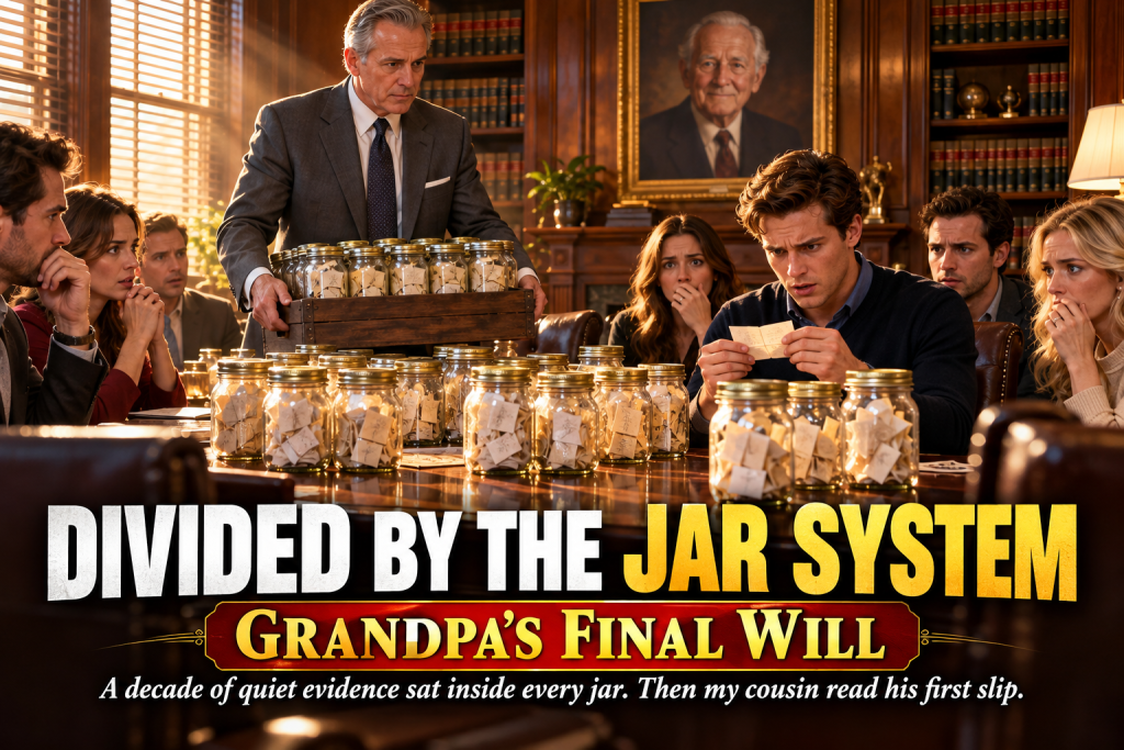 Grandpa's Will Left Everything To Be Divided By The Jar System, And When The Lawyer Carried In Six Mason Jars Filled With Folded Slips Of Paper Written Over Ten Years, My Cousin Dylan Opened His Nearly Empty Jar, Read The First Slip, And The Whole Room Learned What Grandpa Had Been Quietly Counting All Along