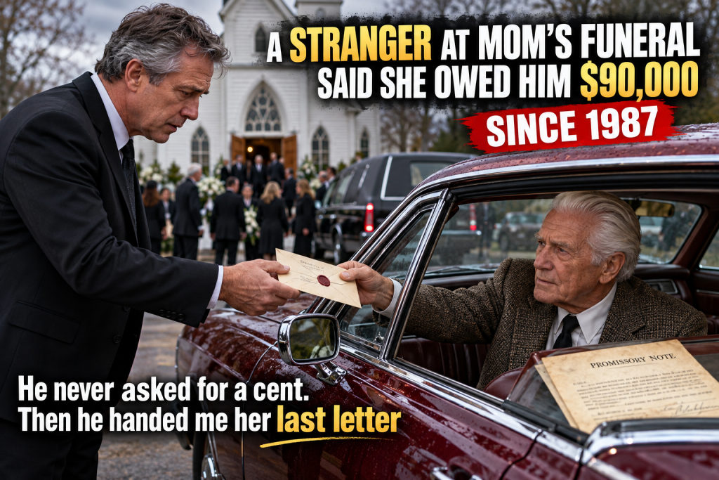 We Were Halfway Through the Receiving Line at My Mother's Funeral When a Tall Stranger Shook My Hand and Said She Owed Him $90,000 From a 1987 Promissory Note, and After the Burial He Handed Me a Sealed Envelope in Her Handwriting That Revealed the Summer Our Family Was Quietly Saved